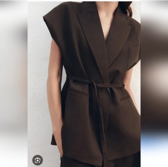 Zara Set 2 Pc Linen Blend Waistcoat Wrap Vest and Pants Brown Size S/M - Picture 4 of 15